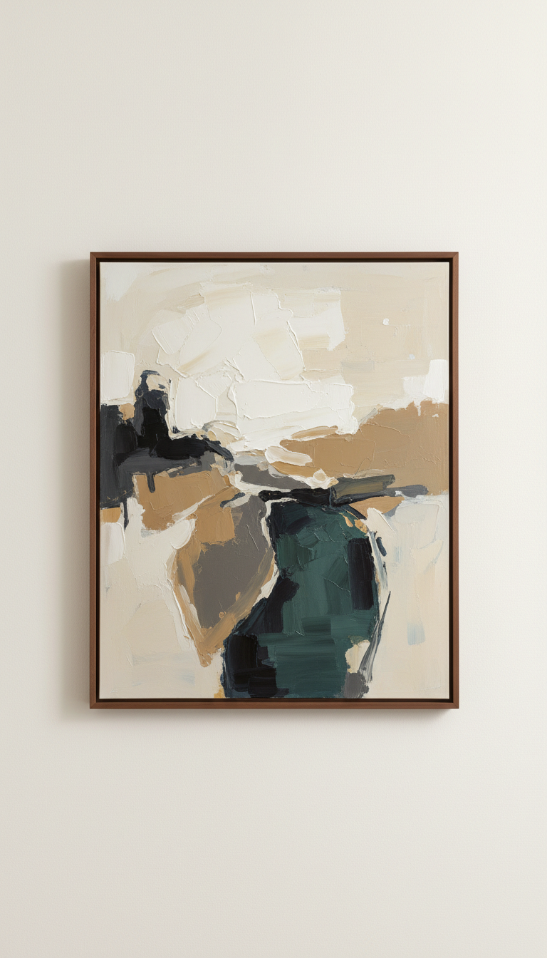 Large-Scale Abstract Oil Painting in Walnut Frame